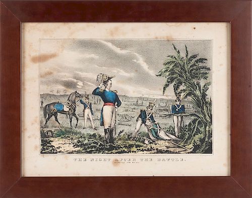 Currier, Nathaniel. The Night After the Battle. Burying the Dead. New York, 1846. Litografía coloreada, 20.5x31 cm. Enmarcada.