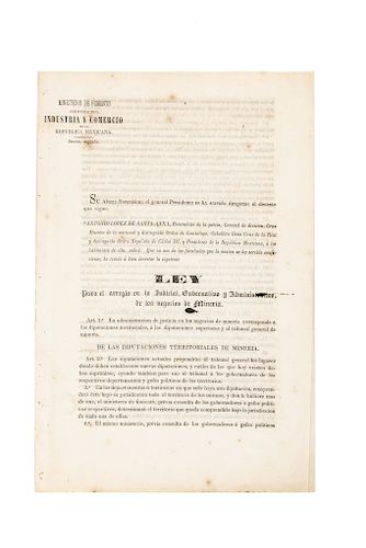 López de Santa Anna, Antonio. Ley para el Arreglo en lo Judicial; Gubernativo y Administrativo... México, 1854.