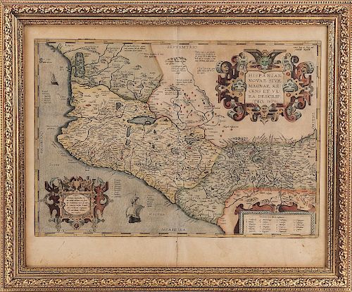 Ortelius, Abraham. Hispaniae Novae Sivae Magnae Recens et Vera Descriptio 1579. Mapa grabado, coloreado, 35 x 50 cm. Enmarcado.