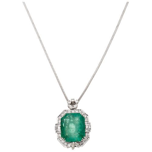 A GIA certified emerald and diamond palladium silver pendant and 18K white gold necklace.