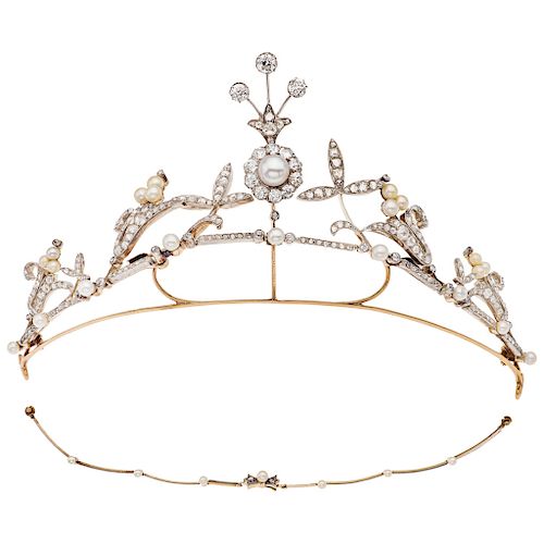A cultured pearl and diamond 18K, 10K yellow gold and silver tiara/choker.