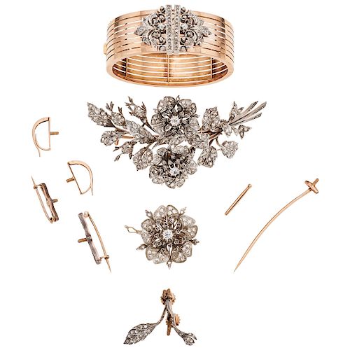 A diamond 18K, 14K rose gold and silver bangle bracelet and brooches/pair of earrings/hairpins set.