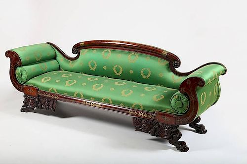 CLASSICAL BRASS INLAID CARVED MAHOGANY SOFA, NEW YORK