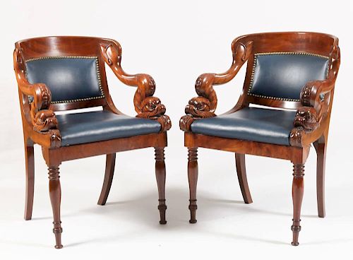 PAIR OF NORTHERN EUROPEAN CARVED MAHOGANY ARMCHAIRS, PROBABLY SCANDINAVIAN