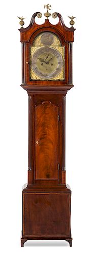 * An American Mahogany Tall Case Clock Height 83 x width 18 1/8 x depth 9 inches.