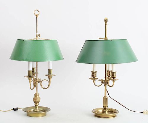 TWO LOUIS XVI STYLE BRASS THREE-LIGHT BOUILOTTE LAMPS