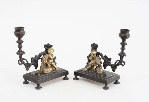 PAIR OF FRENCH PATINATED AND GILT-METAL CANDLESTICKS