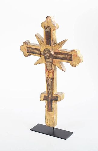EUROPEAN CARVED AND PAINTED WOOD CRUCIFIX