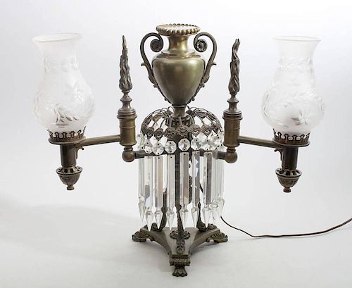 AMERICAN GLASS-MOUNTED BRASS TWO-LIGHT ARGAND LAMP
