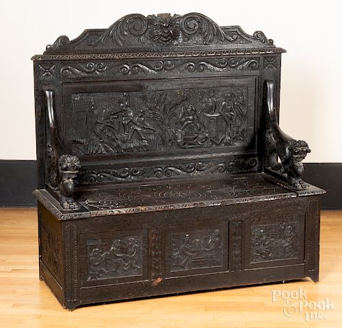 Gothic revival carved oak hall seat