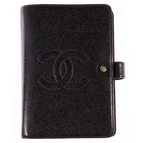 Chanel Vintage Black Caviar Skin Leather Notebook Planner Passport