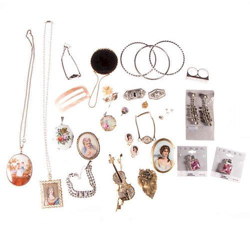 Collection of vintage, antique rhinestone and costume jewelry