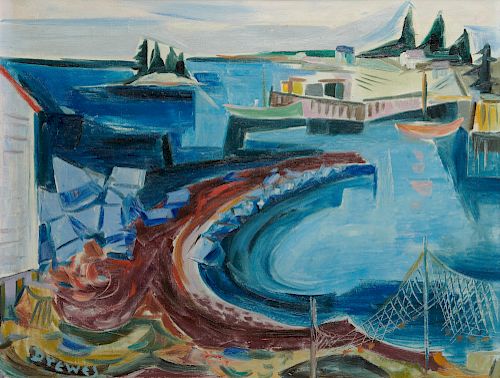 WERNER DREWES, (German/American, 1899-1985), Maine Harbor, 1953, oil on canvas, 23 x 30 in., frame: 24 1/2 x 31 1/2 in.