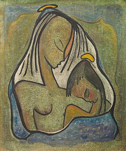 ANGEL BOTELLO, (Puerto Rican, 1913-1986), Mother and Child, oil on masonite, 30 x 24 in., frame: 36 1/2 x 41 1/2 in.