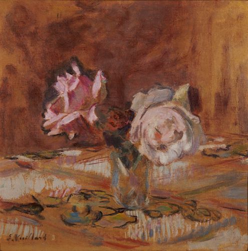ÉDOUARD VUILLARD, (French, 1868-1940), Pink Roses, 1921-22, oil on cardboard, 12 1/4 x 12 1/2 in., frame: 17 1/2 x 17 1/2 in.