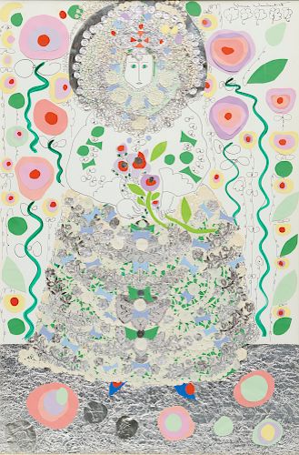 GLORIA VANDERBILT, (American, b. 1924), Girl in Blue and Silver, mixed media (marker, ink, foil, and cut paper), sight: 35 1/2 x 23 1/2 in., frame: 47