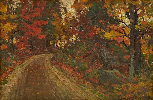 JOHN JOSEPH ENNEKING, (American, 1841-1916), Autumn Landscape, oil on board, 8 x 12 in., frame: 14 1/4 x 18 1/4 in.