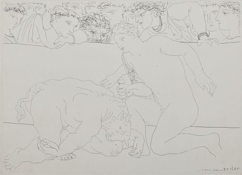 PABLO PICASSO, (Spanish, 1881-1973), Minotaure vanicu, from La Suite Vollard (B. 197), etching on laid paper with Picasso watermark, plate: 7 3/8 x 10