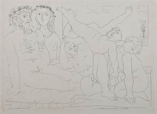 PABLO PICASSO, (Spanish, 1881-1973), Famille de saltimbanques, from La Suite Vollard (B. 163), etching on laid paper with Picasso watermark, plate: 7 