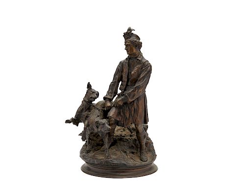 PIERRE JULES MENE, (French, 1810-1879), Valet des chiens tenant deux griffons ecossais, bronze, height: 20 in.
