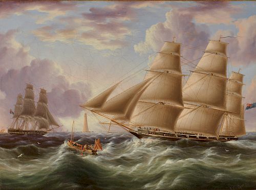 JAMES EDWARD BUTTERSWORTH, (British/American, 1817-1897), Ships and Lighthouse, oil on canvas, 12 x 16 in., frame: 18 x 22 in.