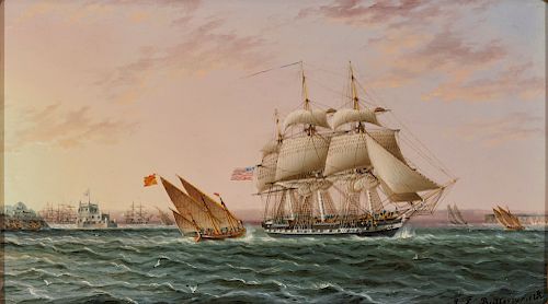 JAMES EDWARD BUTTERSWORTH, (British/American, 1817-1897), American Ship off Belem Castle, Leaving Lisbon, oil on panel, 6 1/2 x 11 1/2 in., frame: 11 