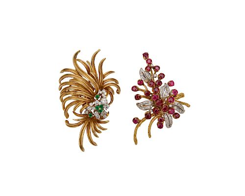 Two Gold, Diamond, and Gemset Brooches