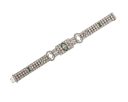 Platinum, Diamond, and Synthetic Emerald Bracelet