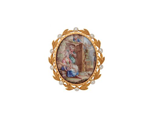 14K Gold, Pearl, and Hand-Painted Brooch