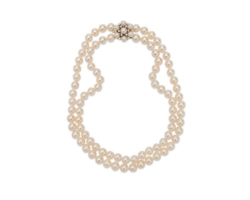 Double Strand Pearl Necklace with 14K Gold, Pearl, and Diamond Clasp