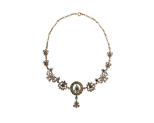 14K Gold, Silver, Emerald, and Diamond Necklace