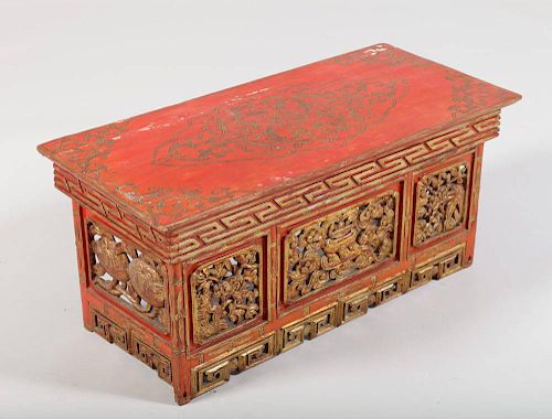 CHINESE CARVED, RED PAINTED AND PARCEL-GILT LOW TABLE