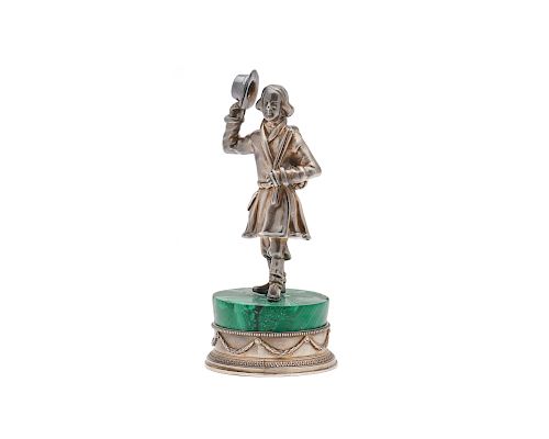 Russian Silver Standing Figure of a Debonair Gentleman tipping his hat, mounted on a silver mounted green malachite base