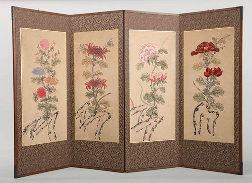 JAPANESE PAINTED PAPER FOUR-FOLD SCREEN