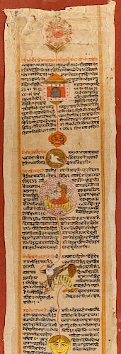 Framed Indian Manuscript Panel Mounted on Linen, 19th century; 7 ft. 4 in x 8 in.