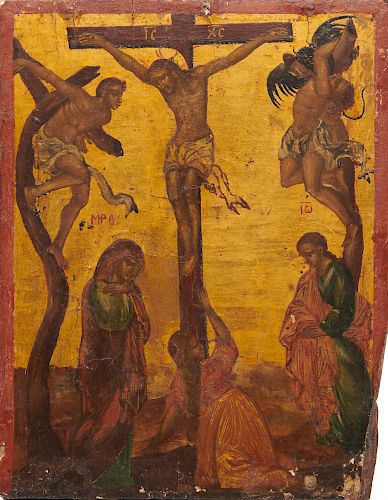 Russian Painted Wood Icon, 18th century, depicting Christ Crucified