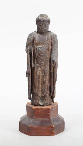 CHINESE CARVED AND PAINTED SOFTWOOD FIGURE OF BUDDHA