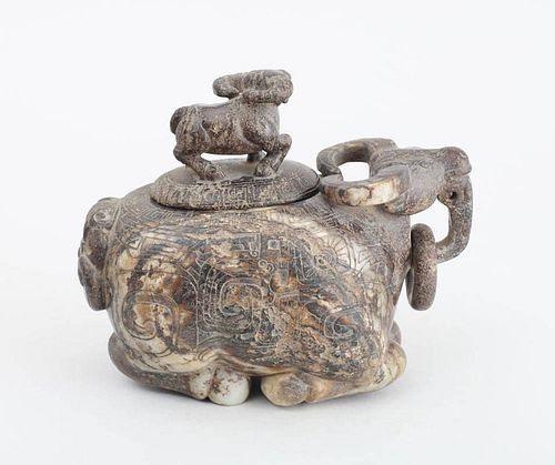 CHINESE ARCHAIC STYLE CARVED JADE OX-FORM VESSEL AND COVER