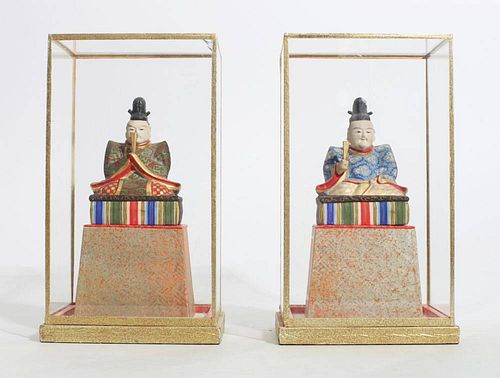 PAIR OF JAPANESE CARVED, PAINTED AND PARCEL-GILT MINIATURE FIGURES OF NOBLEMEN