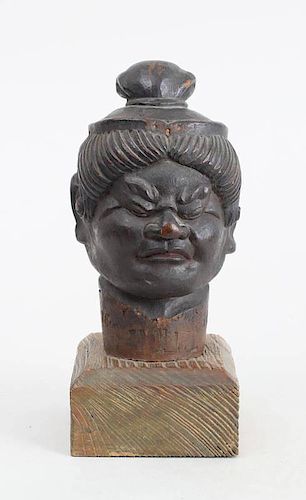 JAPANESE CARVED AND PAINTED WOOD HEAD OF FUDO MIYO-O