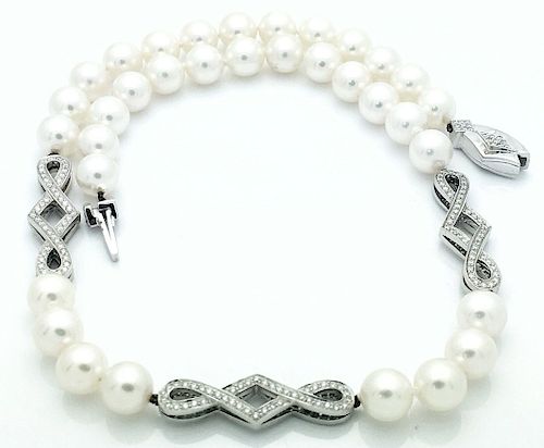 Mikimoto  18k White Gold Diamond Pearls Necklace 15.5" 