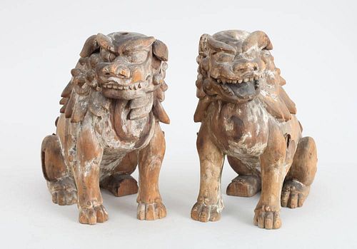 PAIR OF JAPANESE CARVED WOOD TEMPLE LIONS