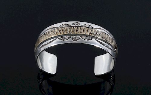 Signed Navajo Sterling Silver & 12K Gold Bracelet