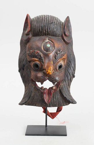 BALINESE CARVED AND PAINTED WOOD LION HEAD MASK
