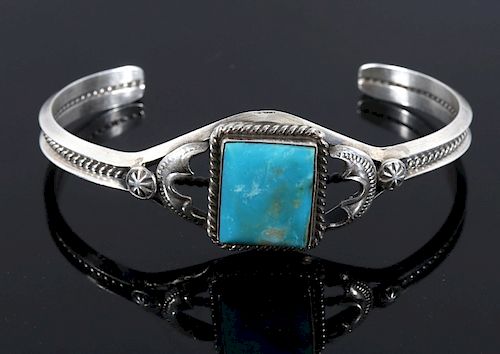 Navajo Signed Sterling Silver & Turquoise Bracelet