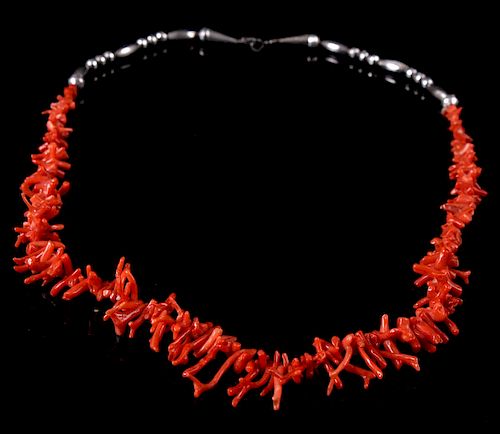 Navajo Silver Red Branch Coral Necklace