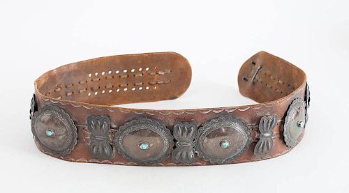 NAVAJO SILVER, TURQUOISE AND LEATHER CONCHO BELT
