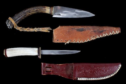 Set of Antler Handle Knives With Leather Sheathes