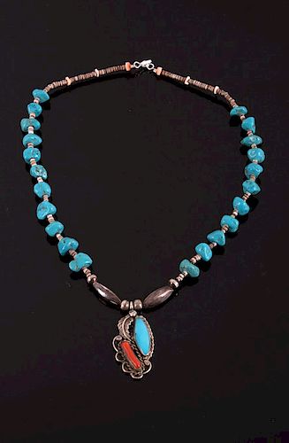 Navajo Sleeping Beauty Turquoise & Coral Necklace