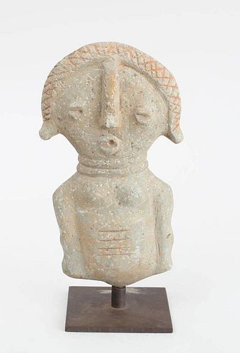 WEST AFRICAN CARVED GREY STONE HALF-LENGTH FIGURE